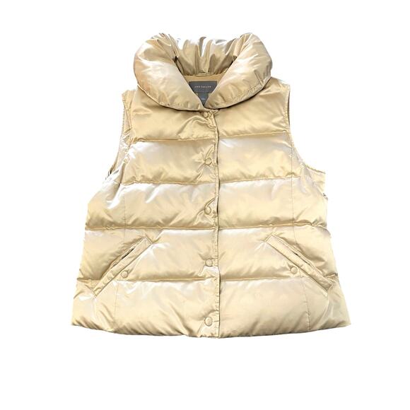 Ann Taylor Womens Puffer Vest L Shimmer Metallic Gold Fleece Lining Button Up - Picture 6 of 6